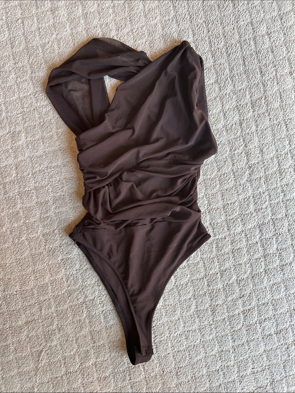 Zara Brown One-Piece Bodysuit with Asymmetric Ruched Detail